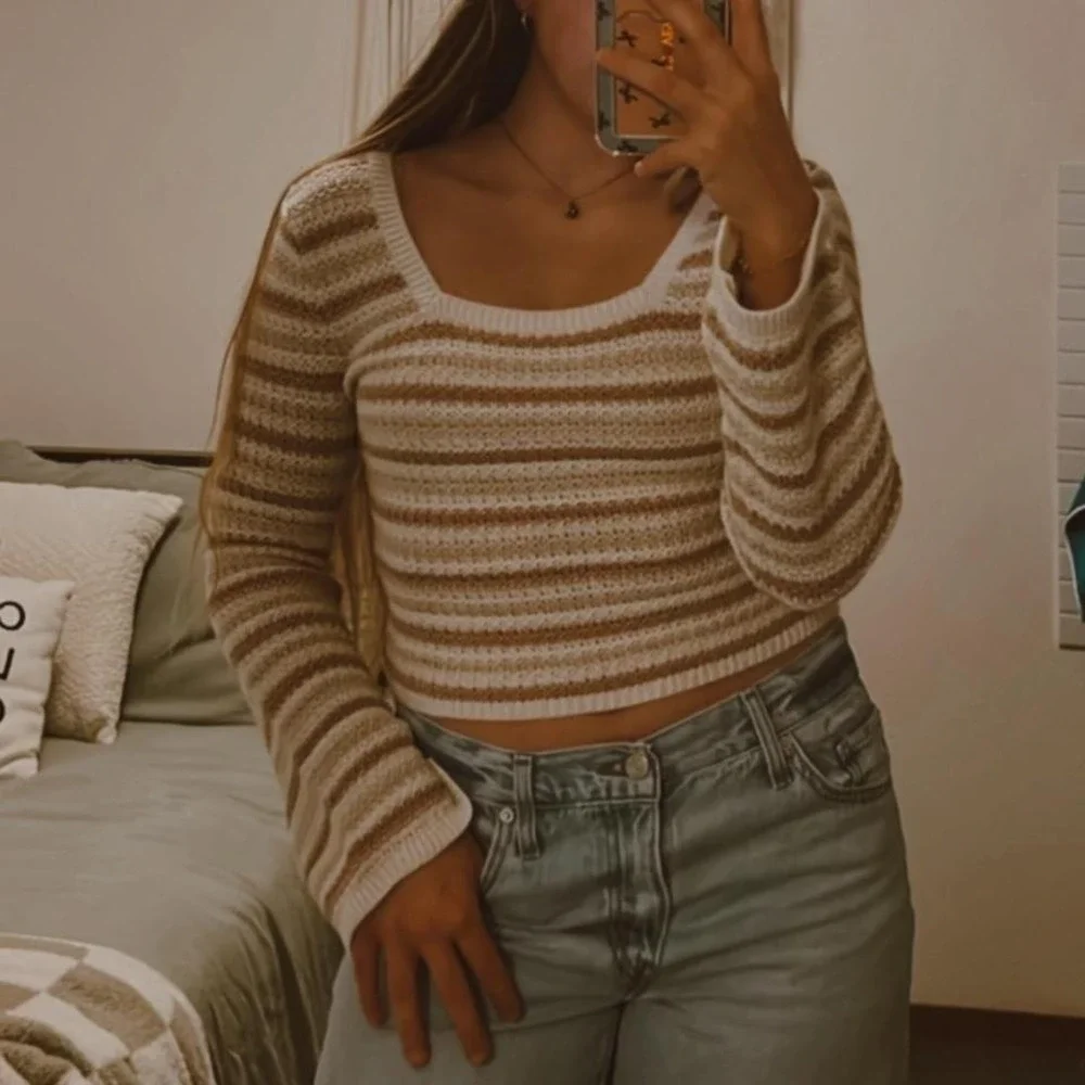 Hollister Crochet Sweater Striped Long‎ Sleeve Top Sz M Cropped Open Back Preppy